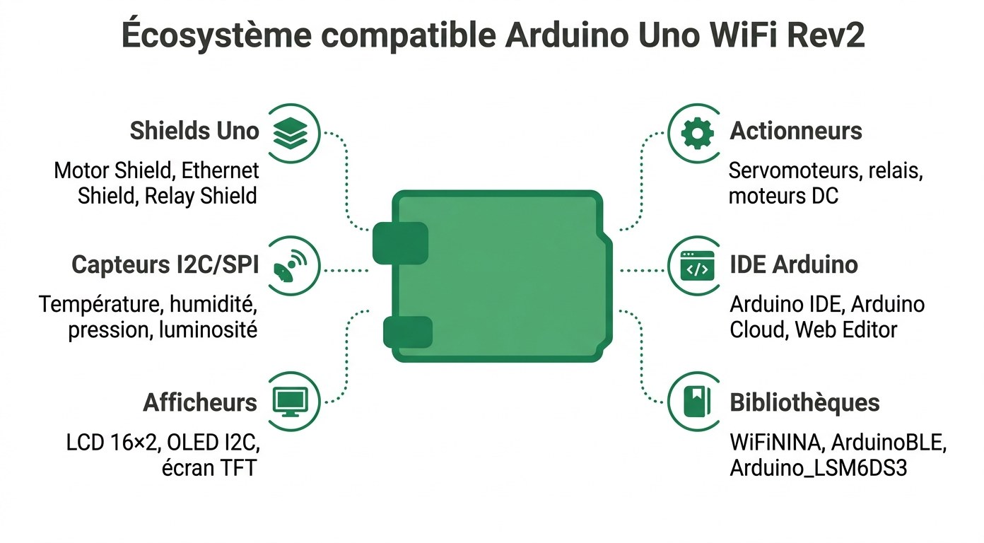 Écosystème compatible Arduino Uno WiFi Rev2 — shields, capteurs, afficheurs, bibliothèques et IDE