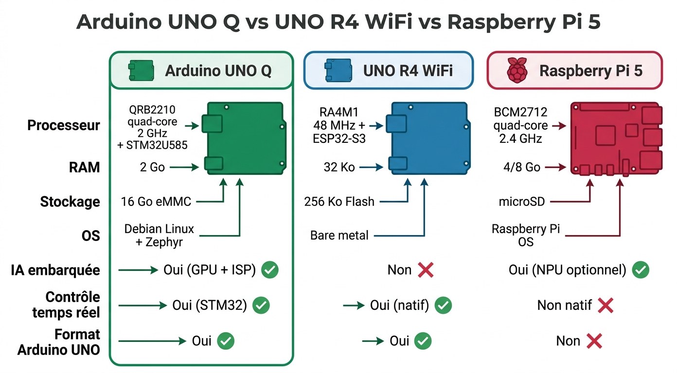 Comparaison Arduino UNO Q vs UNO R4 WiFi vs Raspberry Pi 5