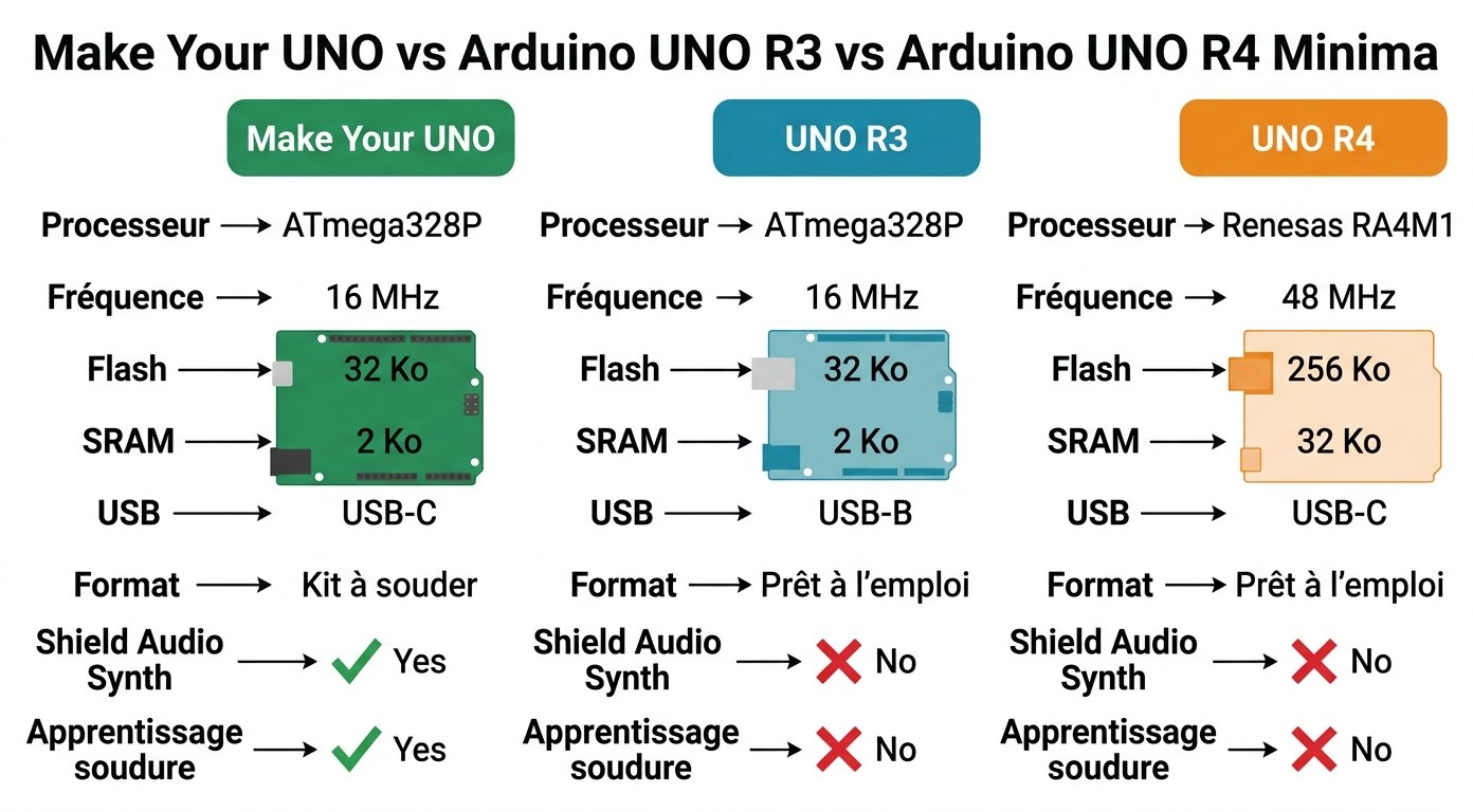 Comparaison Make Your UNO vs Arduino UNO R3 vs Arduino UNO R4 Minima