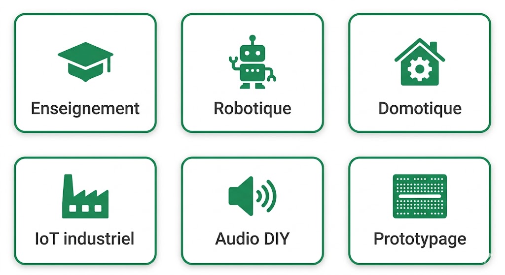 Infographie montrant 6 cas d'usage de l'Arduino Nano R4 : robotique, domotique, IoT industriel, enseignement, audio DIY, prototypage