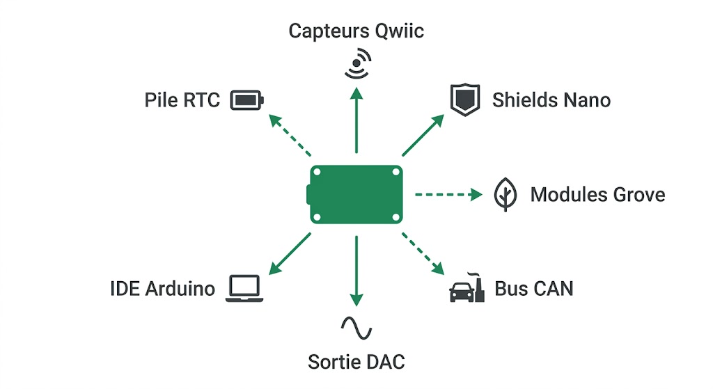 Diagramme simplifié de l'écosystème Arduino Nano R4 montrant les types de connexions possibles vers capteurs, shields et modules