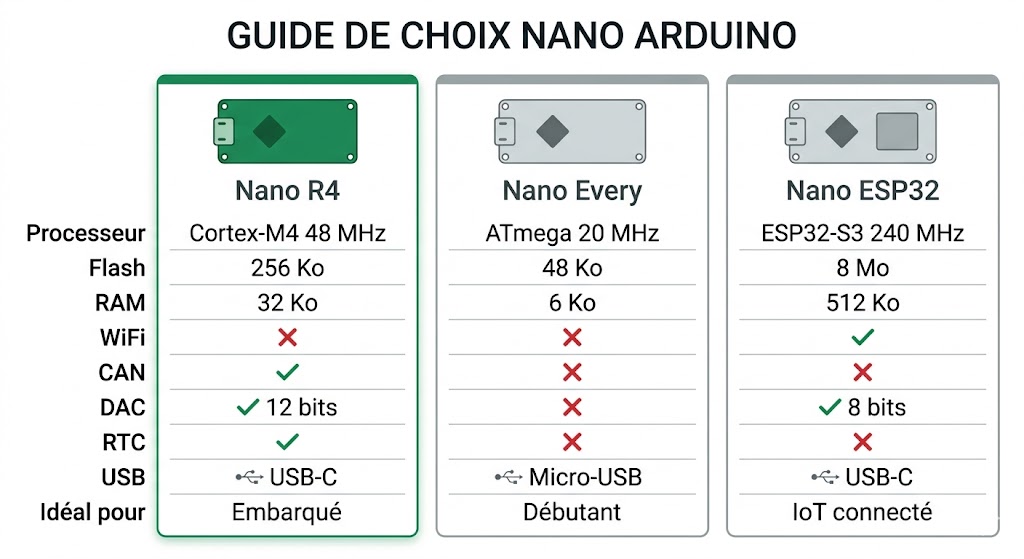 Infographie comparative entre Arduino Nano R4, Nano Every et Nano ESP32 avec caractéristiques clés et cas d'usage recommandés