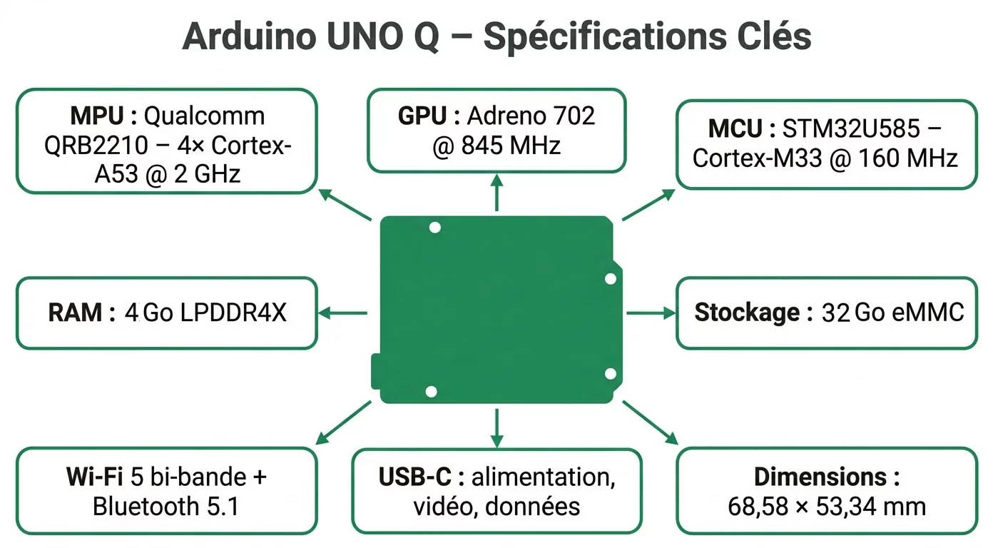 Spécifications visuelles de l'Arduino UNO Q ABX00173 : processeur, mémoire, connectivité
