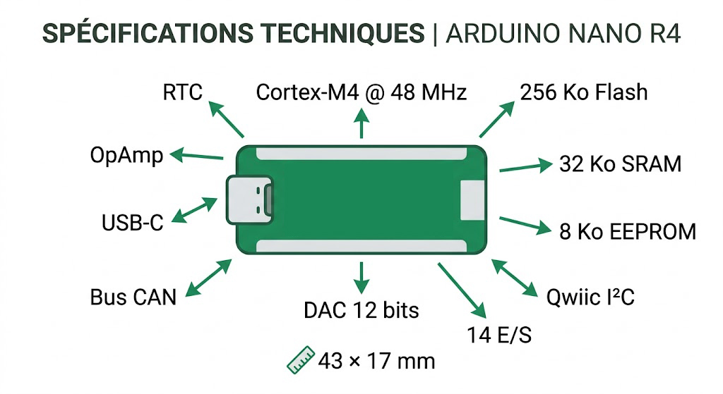Infographie des spécifications techniques clés de l'Arduino Nano R4 ABX00143 avec processeur, mémoire, connectivité et dimensions