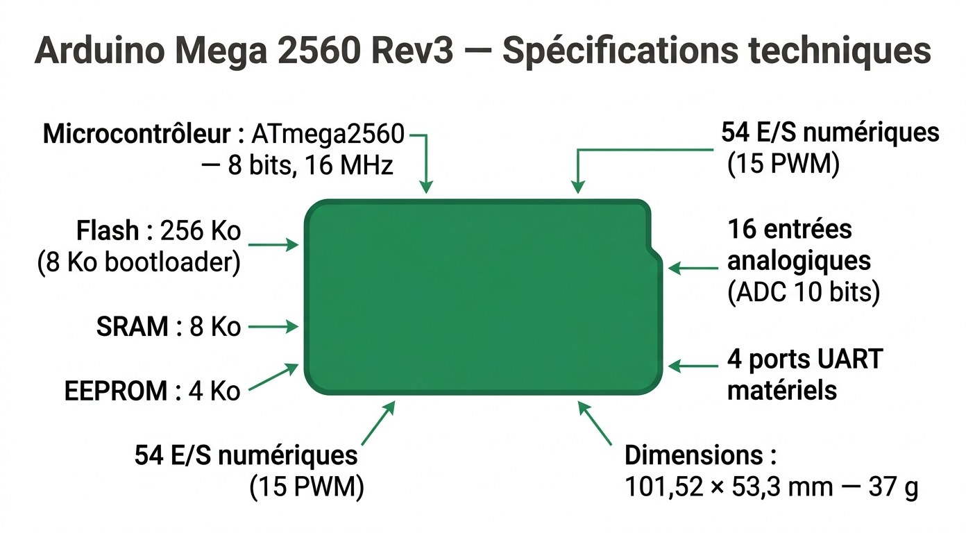 Spécifications techniques de l'Arduino Mega 2560 Rev3 — ATmega2560, 256 Ko Flash, 54 E/S