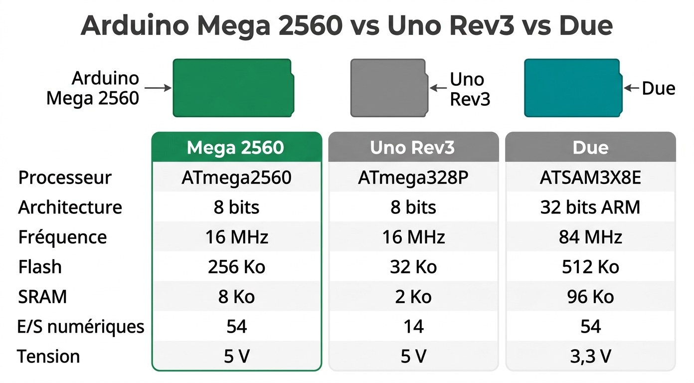 Comparaison Arduino Mega 2560 vs Uno Rev3 vs Due — tableau des spécifications