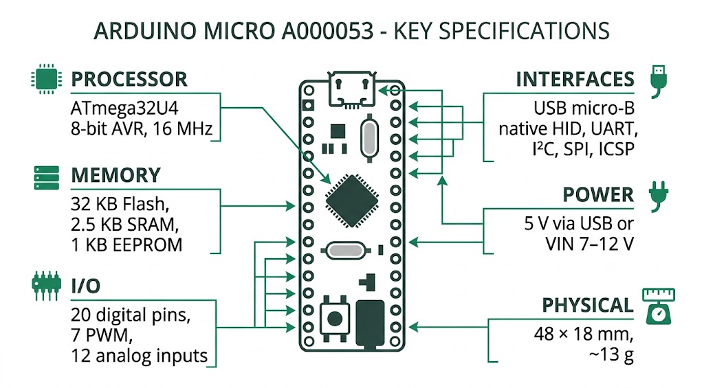 Infographie des spécifications techniques de l'Arduino Micro A000053 : ATmega32U4, USB HID, 20 E/S, 12 entrées analogiques
