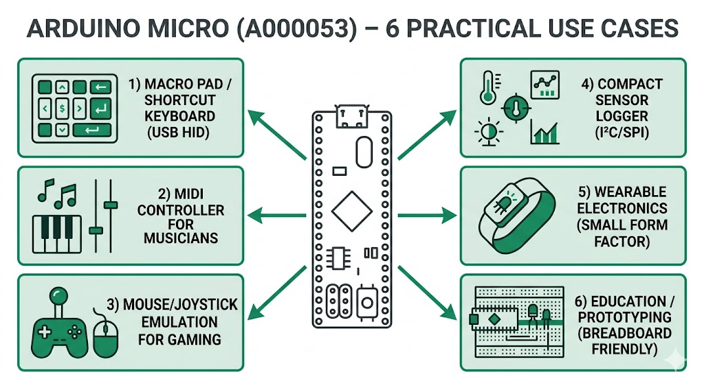Infographie des cas d'usage de l'Arduino Micro : macro pad, MIDI, capteurs, wearable, éducation