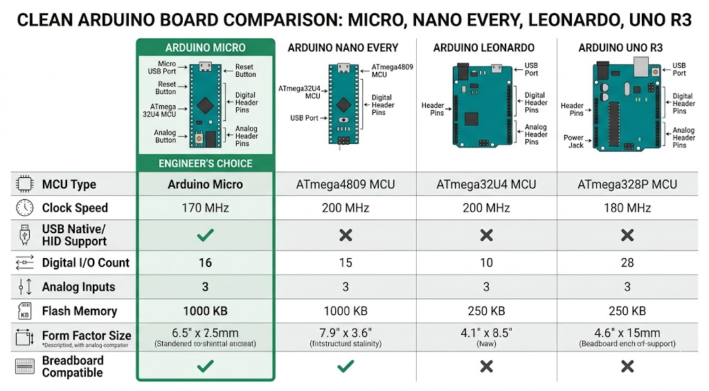 Infographie comparative : Arduino Micro vs Leonardo vs Nano vs Uno R3