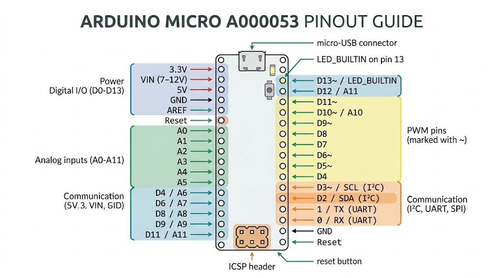Infographie du brochage simplifié de l'Arduino Micro A000053 : pins numériques, analogiques, I²C, SPI, alimentation