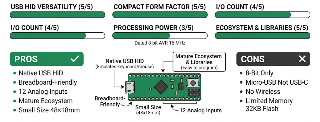 Infographie avis expert Lextronic sur l'Arduino Micro A000053 : note, points forts et limites