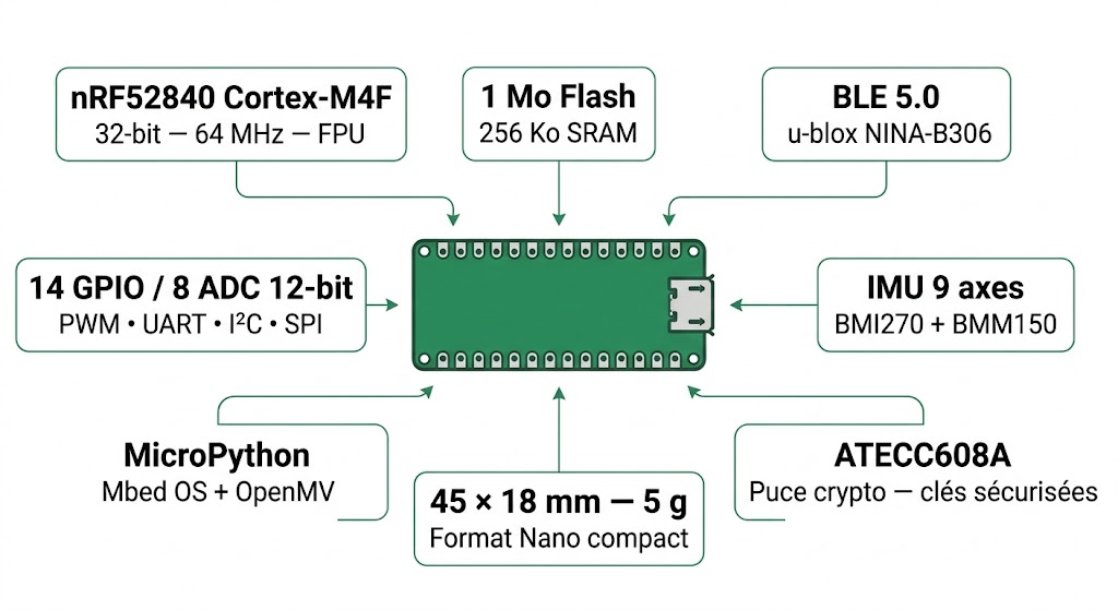 Spécifications visuelles de l'Arduino Nano 33 BLE Rev2 ABX00072