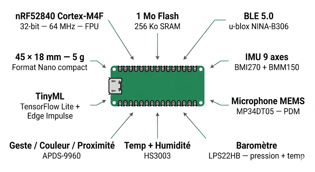 Spécifications visuelles de l'Arduino Nano 33 BLE Sense Rev2 ABX00070