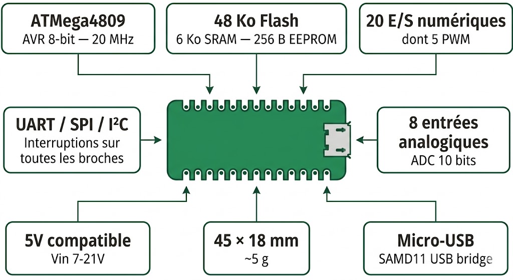 Spécifications visuelles de l'Arduino Nano Every ABX00028