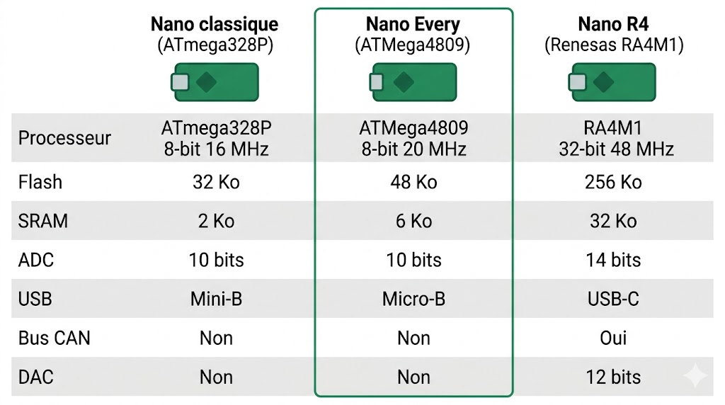 Comparaison Arduino Nano classique, Nano Every et Nano R4