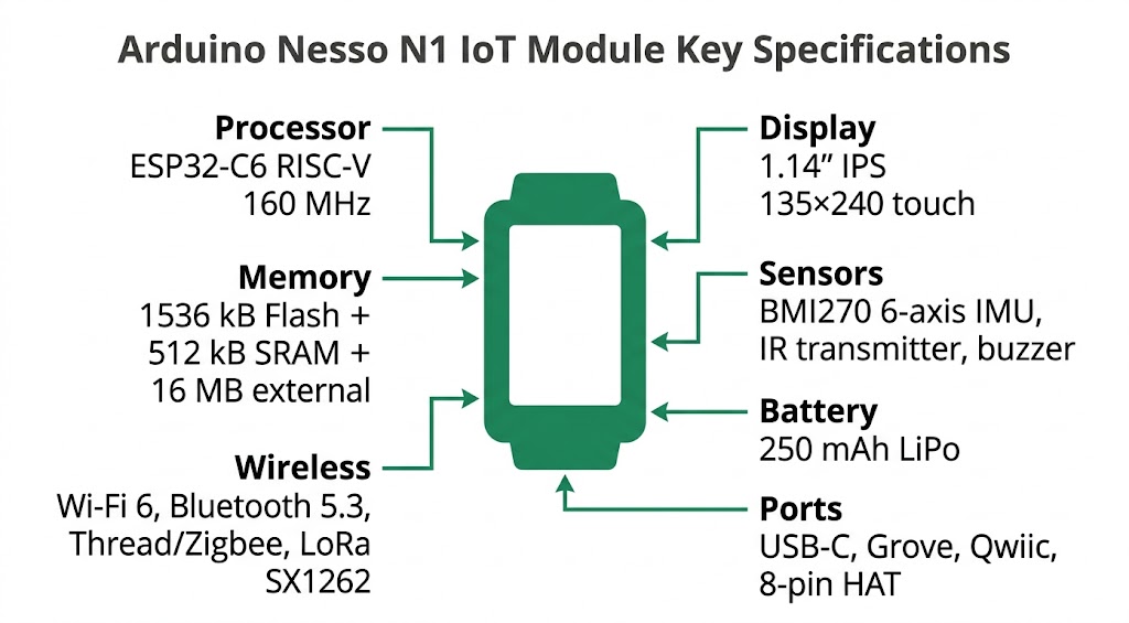 Infographie des spécifications techniques de l'Arduino Nesso N1 : ESP32-C6, Wi-Fi 6, LoRa, écran tactile, IMU