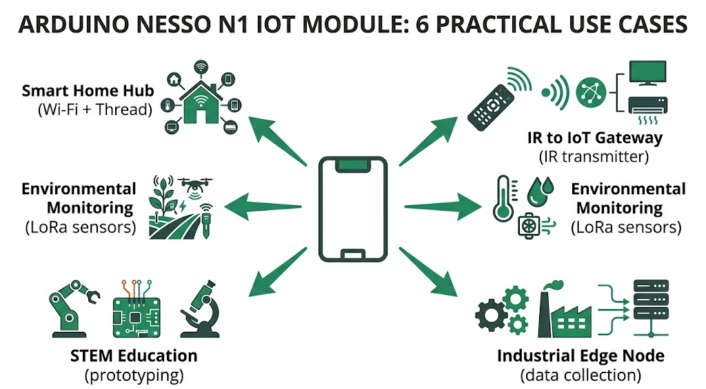 Infographie des cas d'usage de l'Arduino Nesso N1 : domotique, industrie, agriculture, éducation