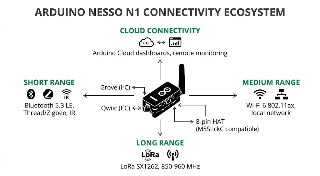 Infographie de l'écosystème de connectivité de l'Arduino Nesso N1 : Wi-Fi 6, LoRa, Thread, Grove, Qwiic