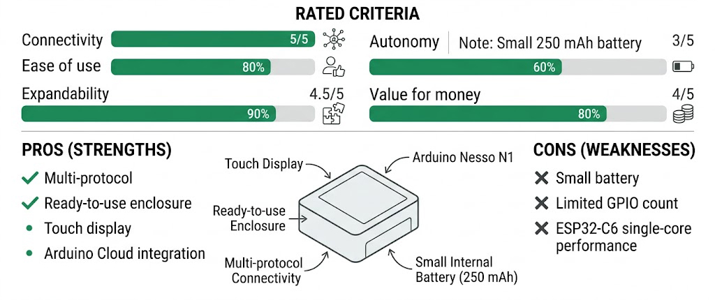 Infographie avis expert Lextronic sur l'Arduino Nesso N1 : note globale, points forts et points faibles