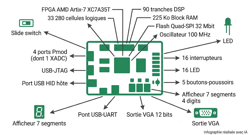 Spécifications de la carte FPGA Basys 3 : Artix-7, interrupteurs, LED, afficheur 7 segments, VGA, USB, Pmod