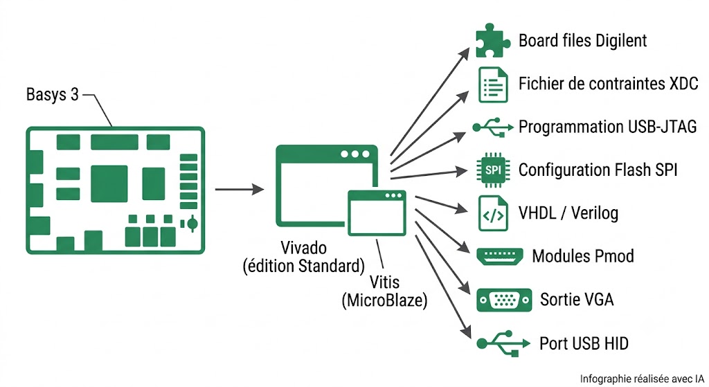 Chaîne d'outils de la Basys 3 : Vivado, Vitis, board files, VGA, USB HID, ports Pmod et modules compatibles