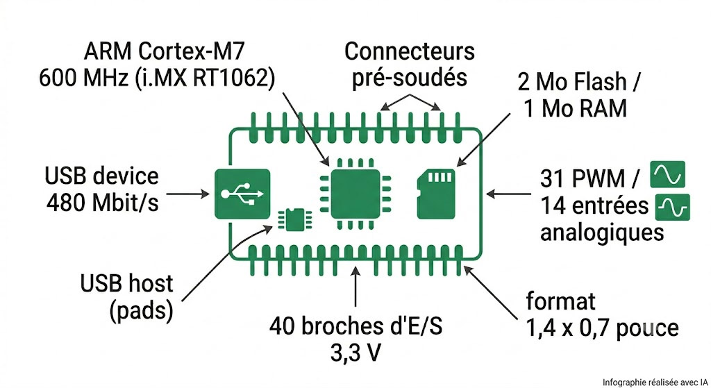 Spécifications de la carte Teensy 4.0 avec connecteurs pré-soudés : MCU i.MX RT1062, USB, broches 3,3 V