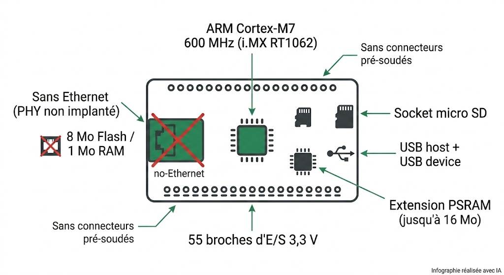 Spécifications de la carte Teensy 4.1 NE sans Ethernet et sans connecteurs pré-soudés : MCU i.MX RT1062, micro SD, USB host