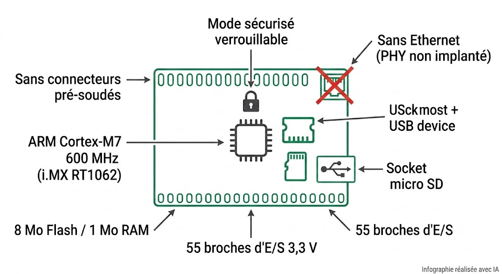 Spécifications de la Teensy 4.1 NE verrouillable : mode sécurisé, sans Ethernet, sans connecteurs, MCU i.MX RT1062