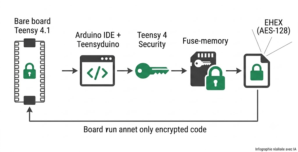Chaîne de sécurisation du code de la Teensy 4.1 NE verrouillable : Teensyduino, Teensy 4 Security, clé en mémoire fusible, fichier EHEX