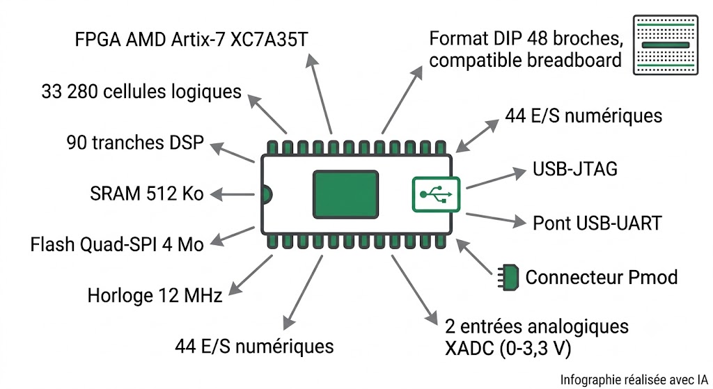 Spécifications du module FPGA Cmod A7-35T : Artix-7, mémoire, connecteur Pmod, USB-JTAG et entrées analogiques
