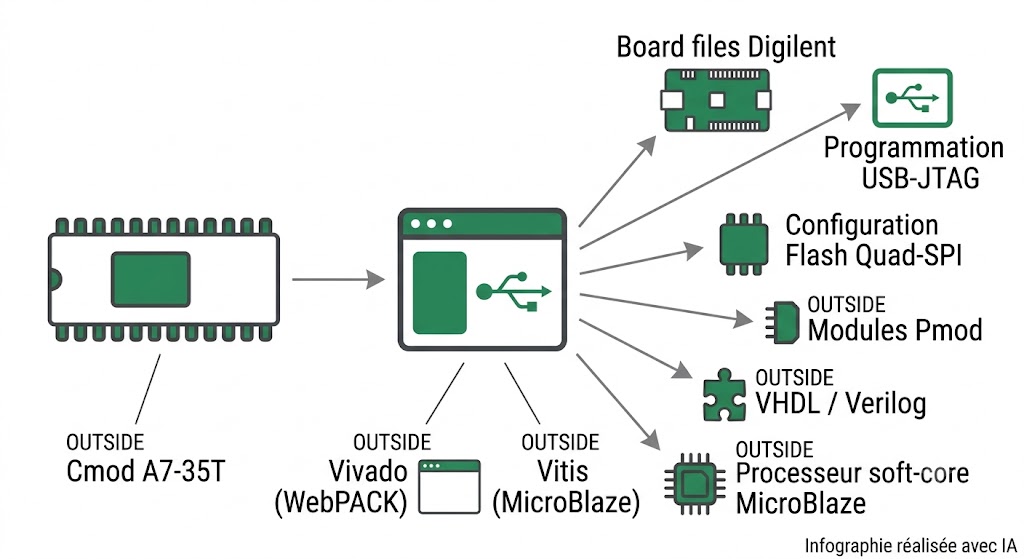 Chaîne d'outils du Cmod A7-35T : Vivado, Vitis, board files, connecteur Pmod et modules compatibles