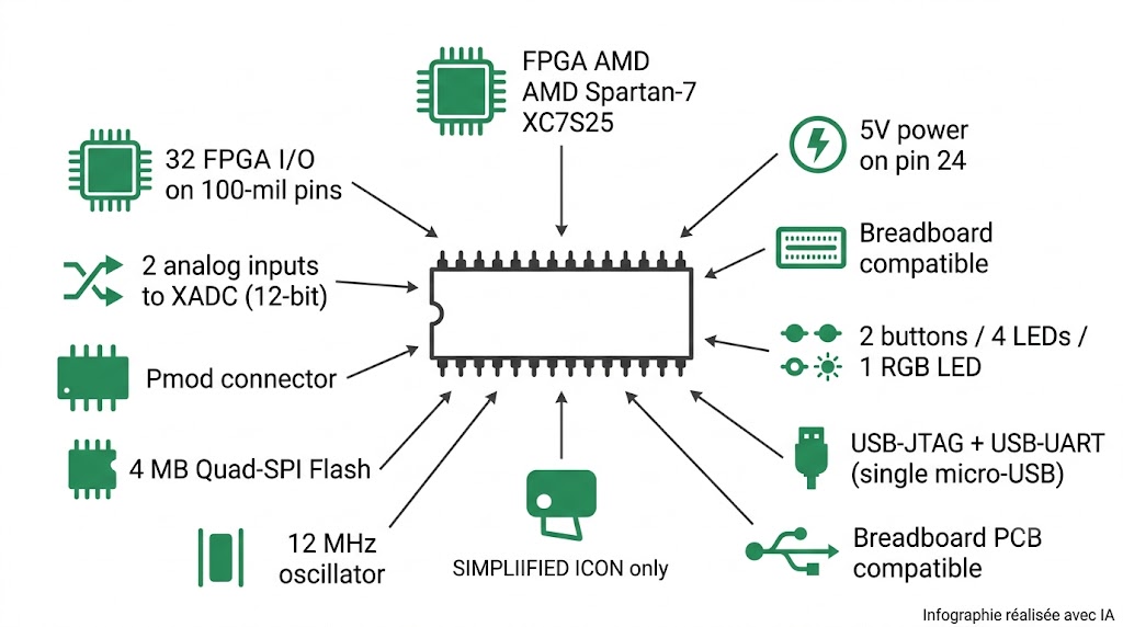 Spécifications visuelles du module FPGA Cmod S7 : Spartan-7 XC7S25, format DIP, port Pmod, USB-JTAG, LED RGB, Flash Quad-SPI