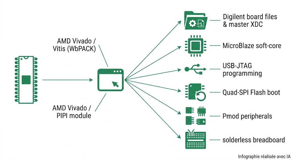 Chaîne d'outils du Cmod S7 : Vivado, Vitis, MicroBlaze, board files, Pmod et plaque d'essai