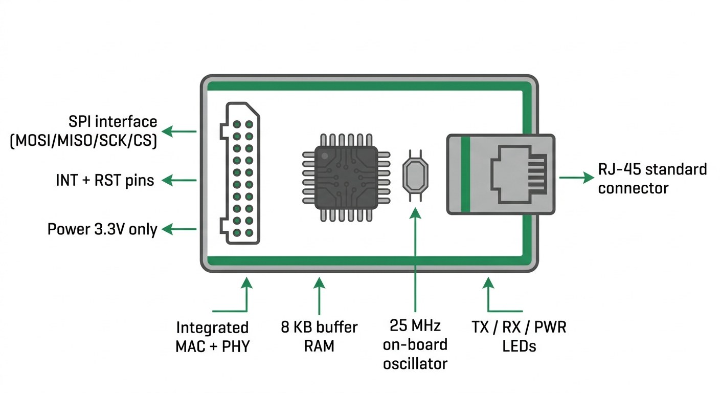 Spécifications visuelles du module ETH Click MIKROE-971 avec ENC28J60