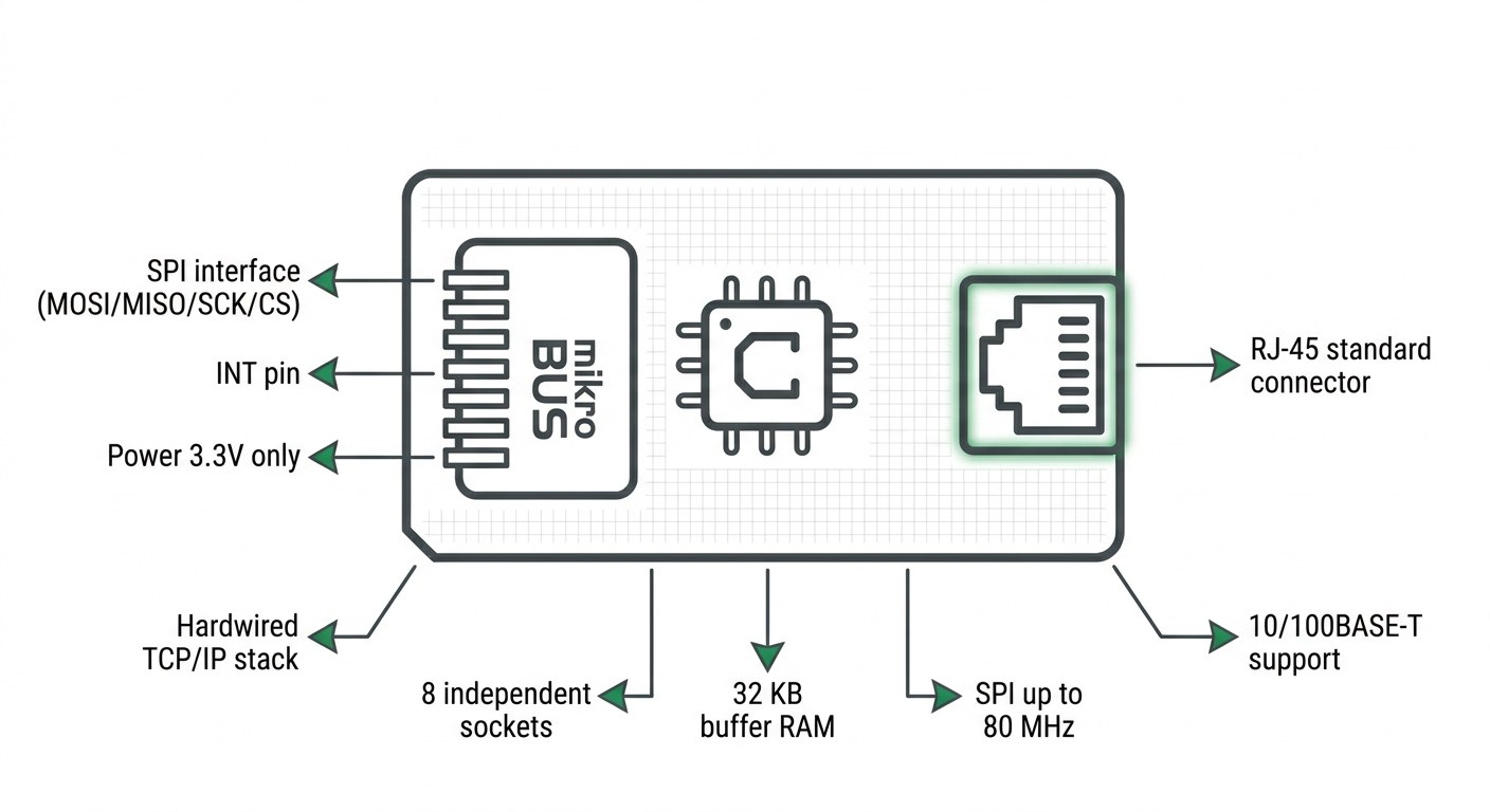 Spécifications visuelles du module ETH Wiz Click MIKROE-1718 avec W5500
