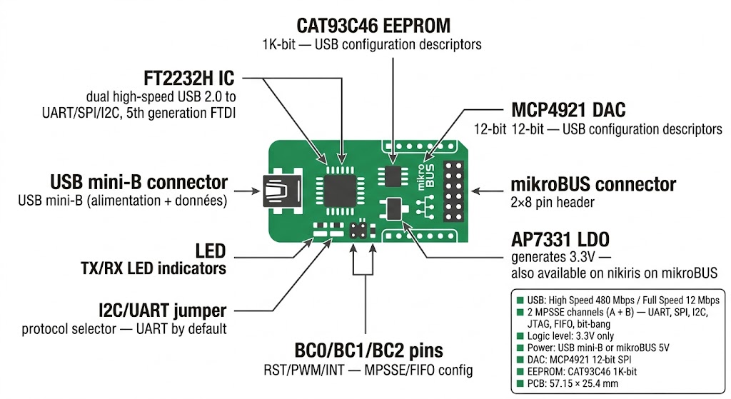Spécifications visuelles du FTDI Click MIKROE-1421 – FT2232H, USB mini-B, connecteur mikroBUS, MCP4921 DAC, CAT93C46 EEPROM