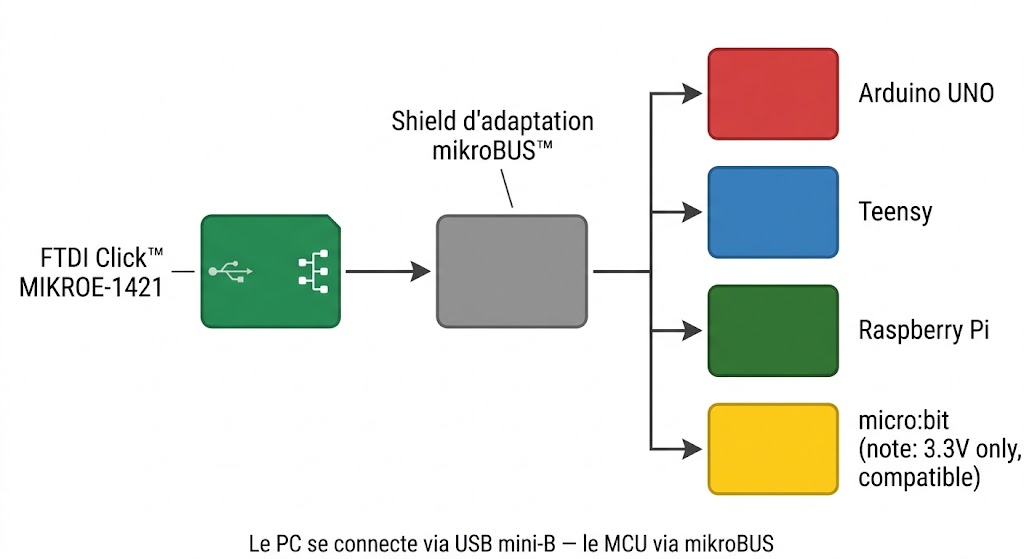 FTDI Click MIKROE-1421 avec shield d'adaptation pour Arduino, Raspberry Pi, micro:bit et Teensy