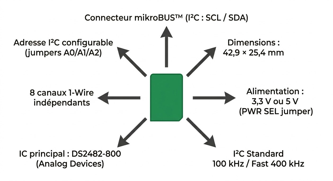 Spécifications visuelles du module I2C 1-Wire Click MIKROE-1892 DS2482-800 — connecteur mikroBUS, 8 canaux 1-Wire, alimentation 3,3V ou 5V