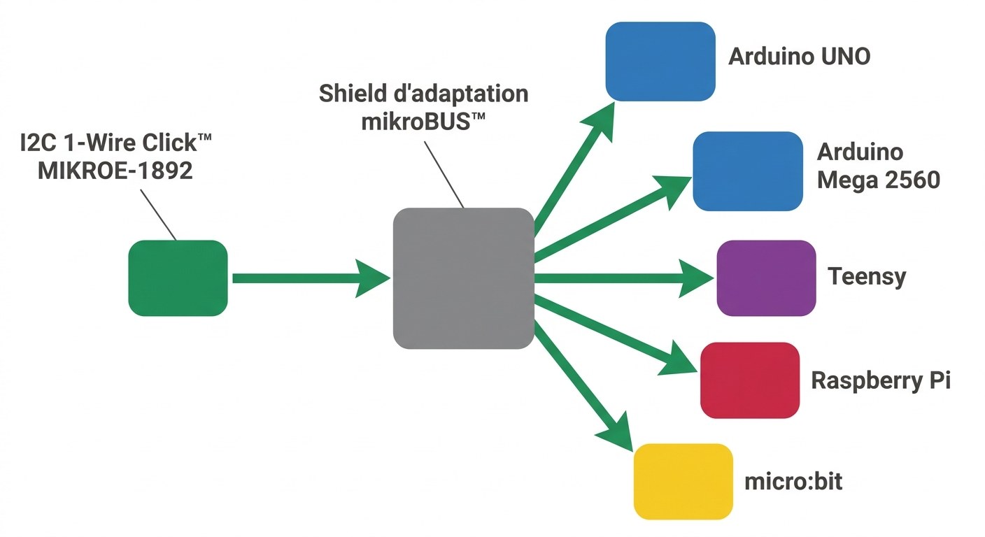 I2C 1-Wire Click MIKROE-1892 avec shield d'adaptation pour Arduino, Raspberry Pi, micro:bit et Teensy