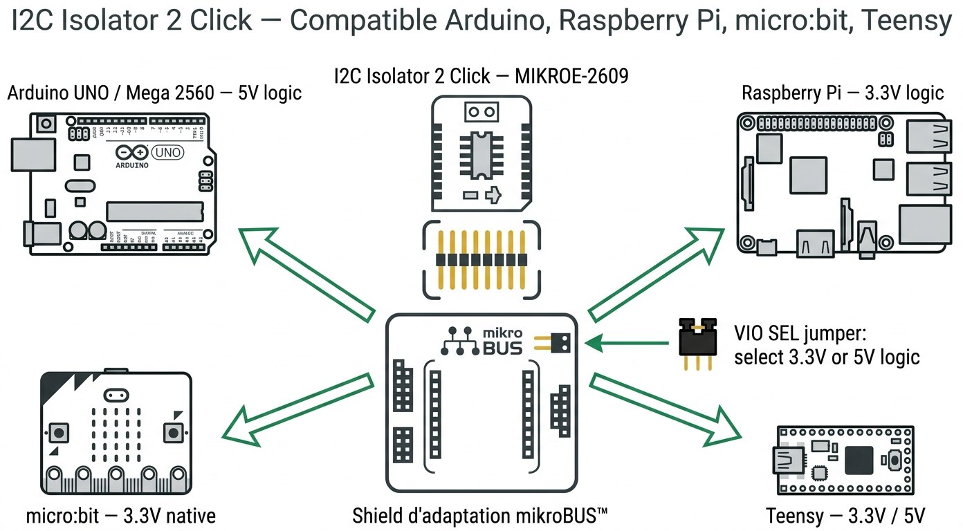 I2C Isolator 2 Click avec shield d'adaptation pour Arduino, Raspberry Pi, micro:bit et Teensy
