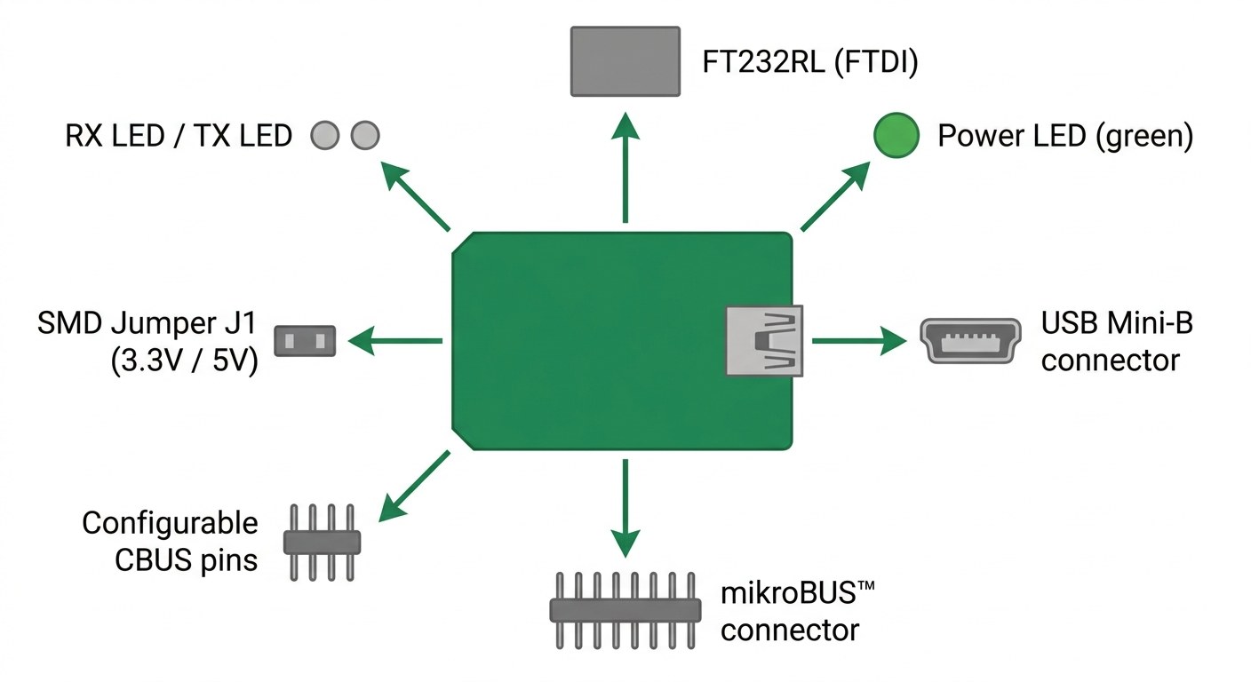 Spécifications visuelles du USB UART Click Board MIKROE-1203 — FT232RL, connecteur USB Mini-B, interface mikroBUS