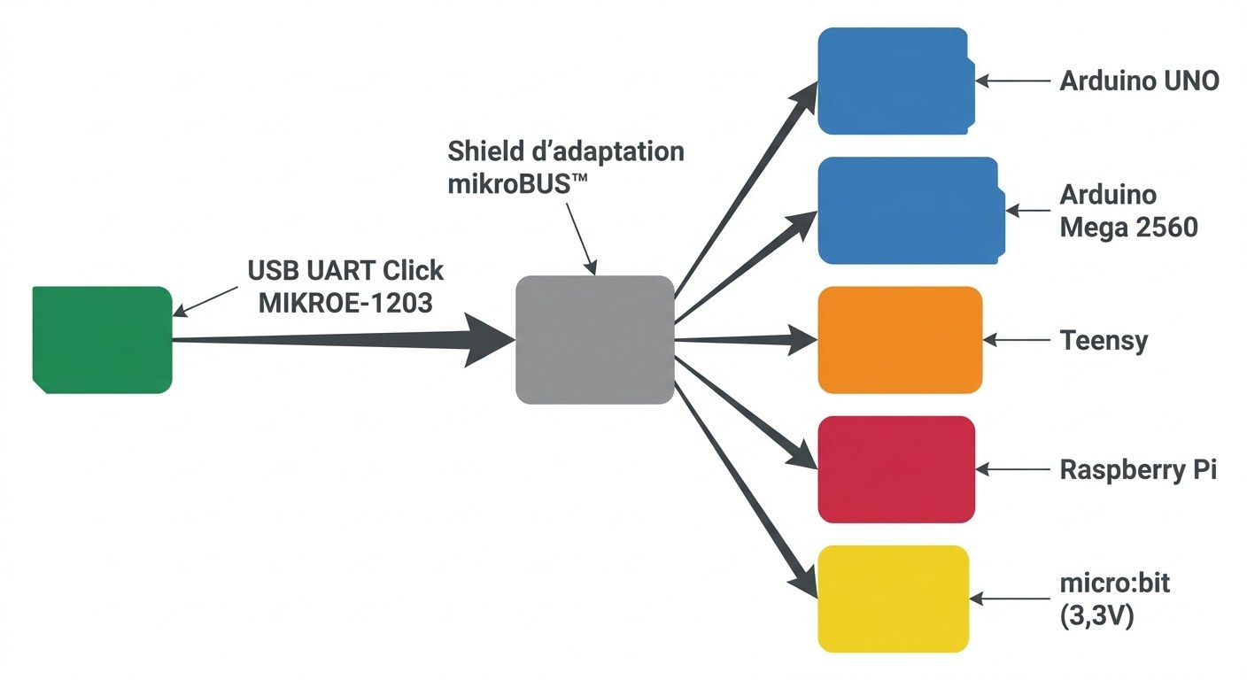 USB UART Click Board MIKROE-1203 avec shield d'adaptation pour Arduino, Raspberry Pi, micro:bit et Teensy