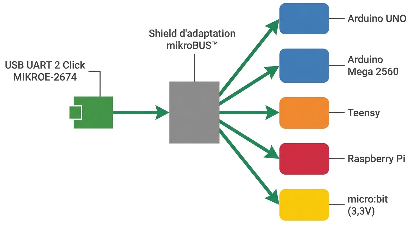 USB UART 2 Click MIKROE-2674 avec shield d'adaptation pour Arduino, Raspberry Pi, micro:bit et Teensy