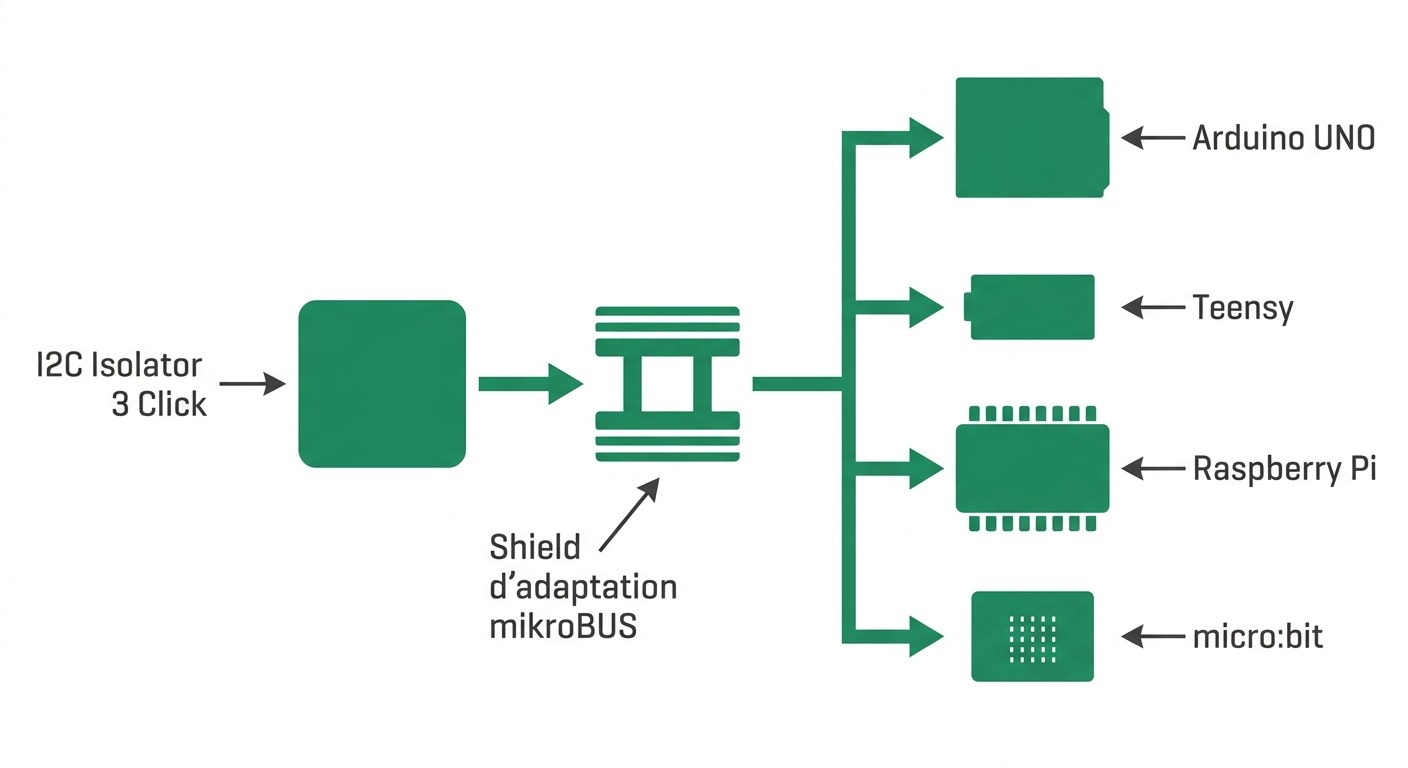 I2C Isolator 3 Click avec shield d'adaptation pour Arduino, Raspberry Pi, micro:bit et Teensy