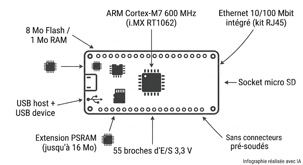 Spécifications du module Teensy 4.1 avec Ethernet et sans connecteurs pré-soudés : MCU i.MX RT1062, PHY Ethernet, micro SD, USB host
