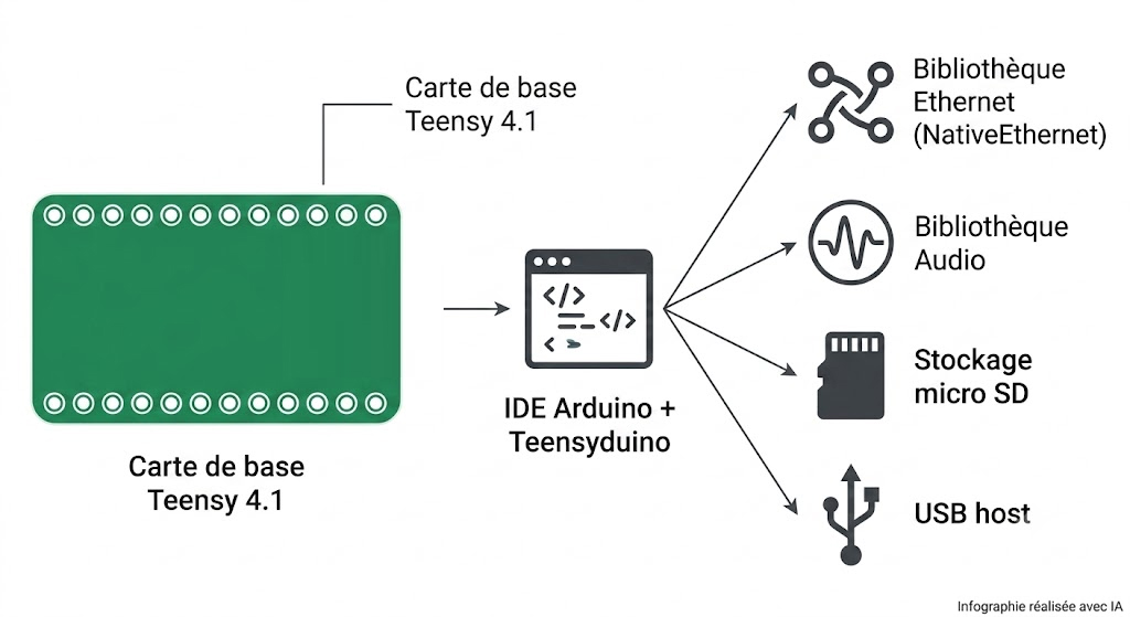 Écosystème du module Teensy 4.1 : Arduino IDE, Teensyduino, bibliothèque Ethernet, micro SD et USB host