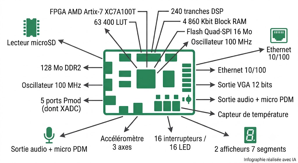 Spécifications de la carte FPGA Nexys A7-100T : Artix-7, DDR2, Ethernet, VGA, audio, micro, accéléromètre, Pmod