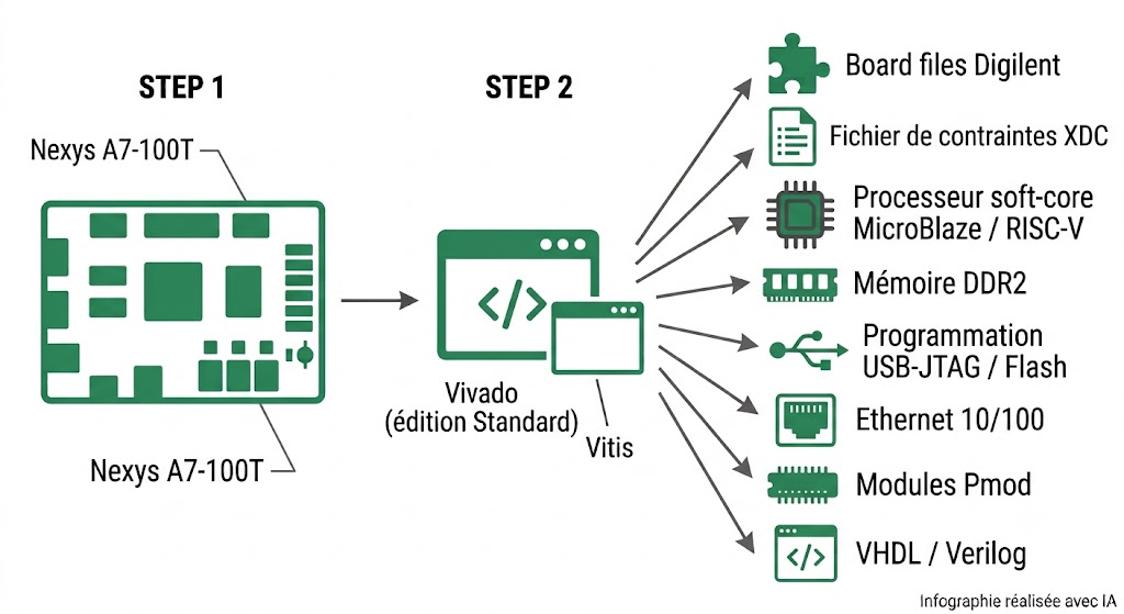 Chaîne d'outils de la Nexys A7-100T : Vivado, Vitis, MicroBlaze, RISC-V, DDR2, Ethernet, périphériques et Pmod