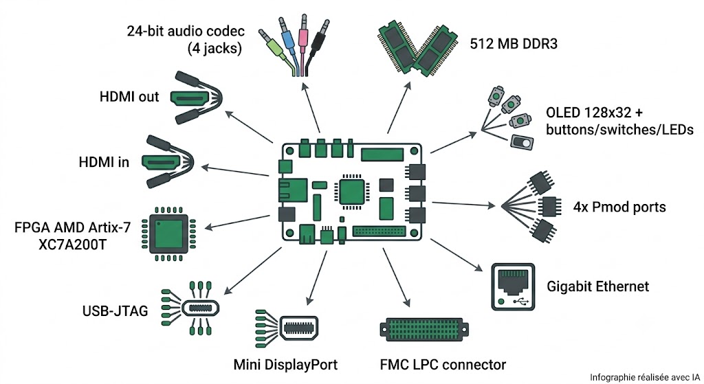 Spécifications visuelles de la carte FPGA Nexys Video : FPGA Artix-7, ports HDMI, codec audio, DDR3, FMC et Pmod