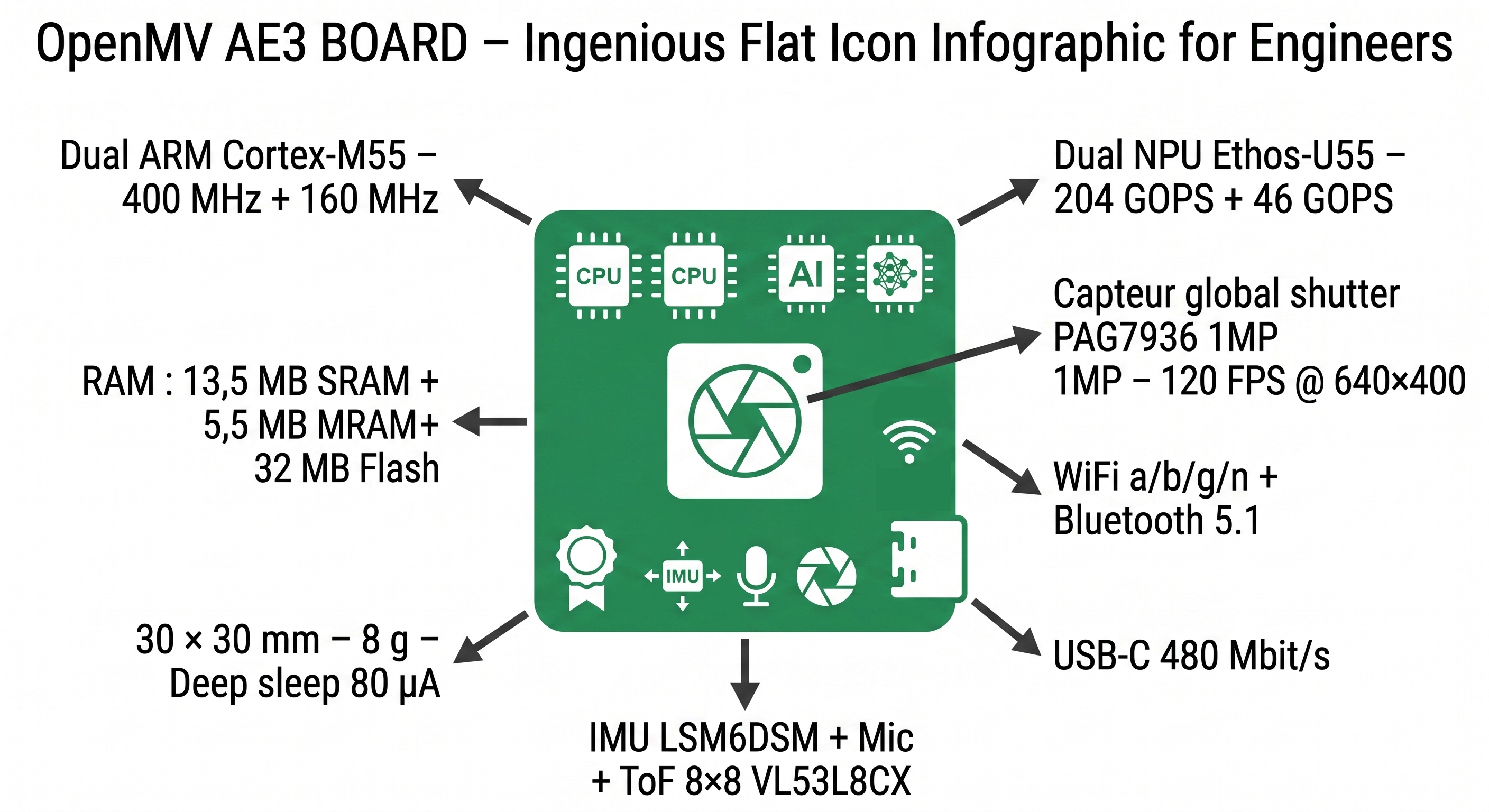 Spécifications visuelles de l'OpenMV AE3 – capteur global shutter, dual NPU, connectivité